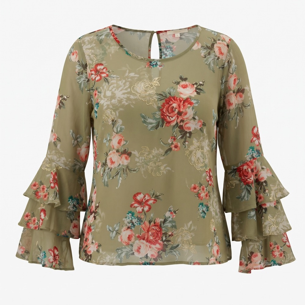 Andree by UNIT Floral Blouse L Olive Green Tieredβ Bell Sleeve Boho Cottagecore